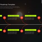 Spaceship Agenda Roadmap Template - 8-step timeline with red trajectory path, numbered milestones, and spaceship graphic