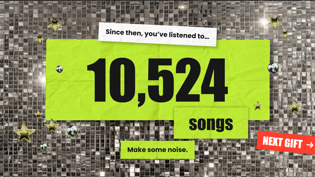 Spotify Statistics Template - Listening data slide with disco ball background showing 10,524 songs