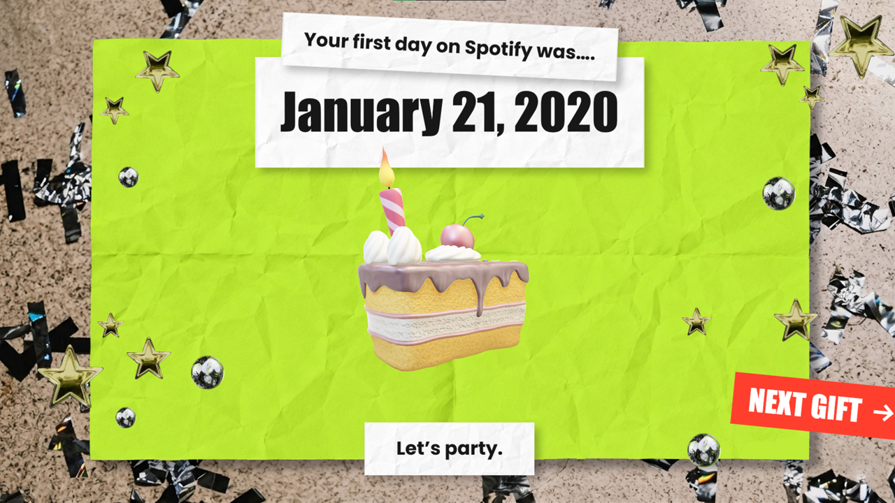 Spotify Anniversary Template - Birthday cake celebration slide with lime green background and golden decorations