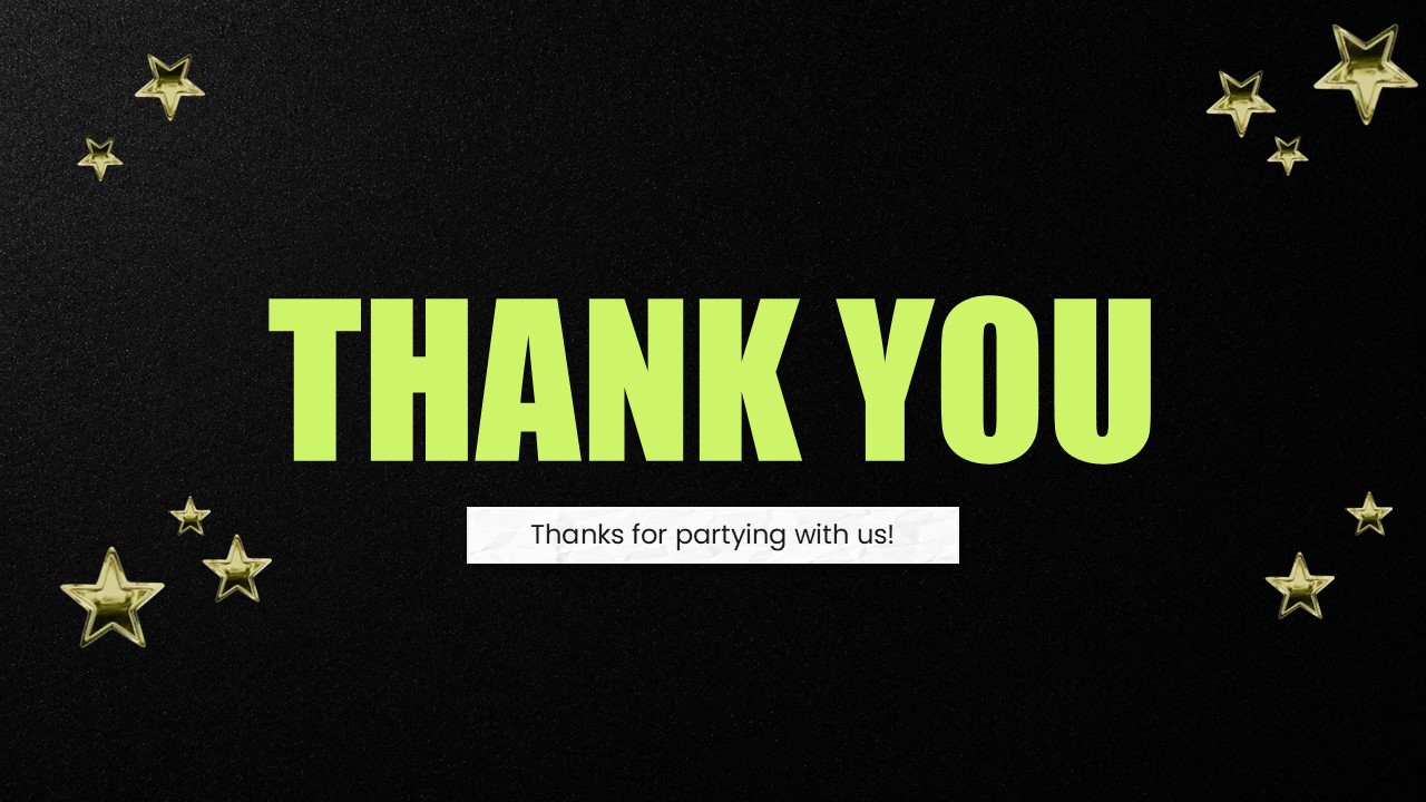 Thank You Template - Closing slide with lime green typography and golden stars on black background