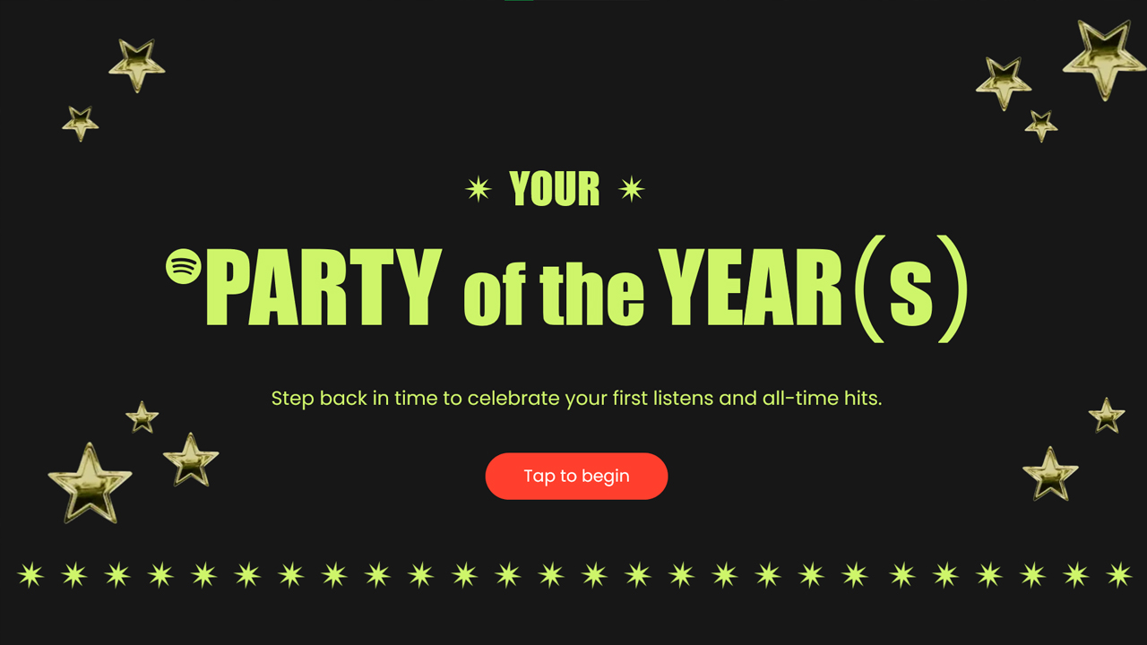 Spotify Party Template - Cover slide with lime green title and golden stars on black background