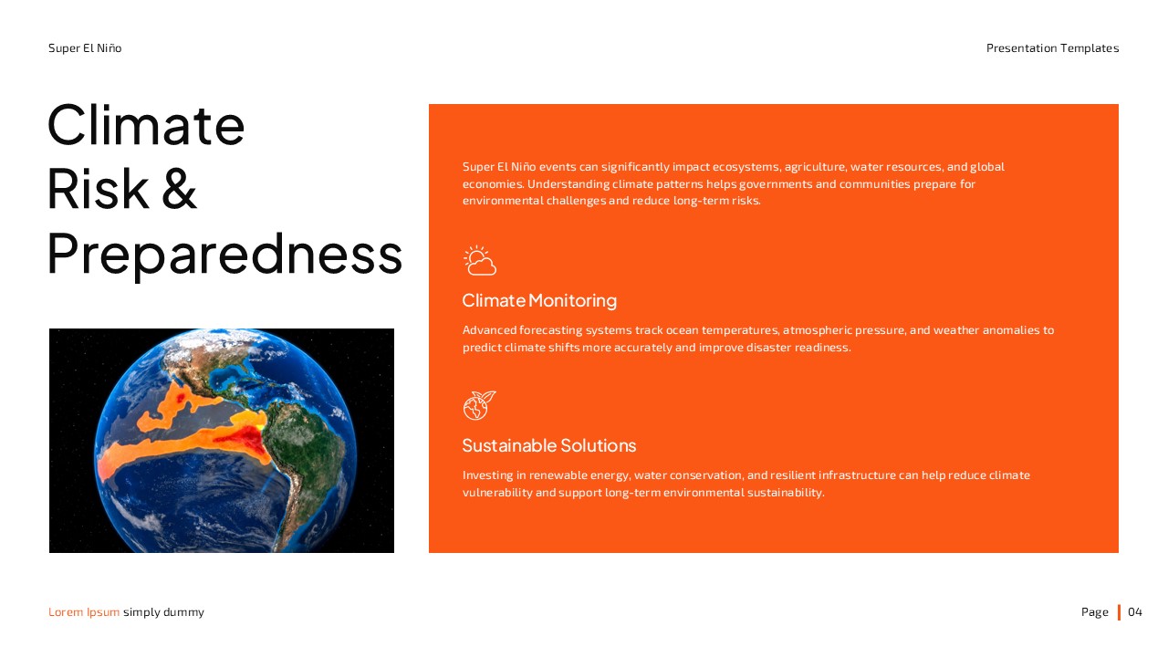 Super El Niño Climate Risk Template - Earth visualization connects to monitoring solutions in orange-highlighted sections