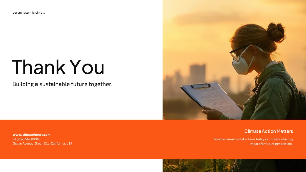 Super El Niño Thank You Template - Masked researcher against sunset cityscape emphasizes sustainable future collaboration