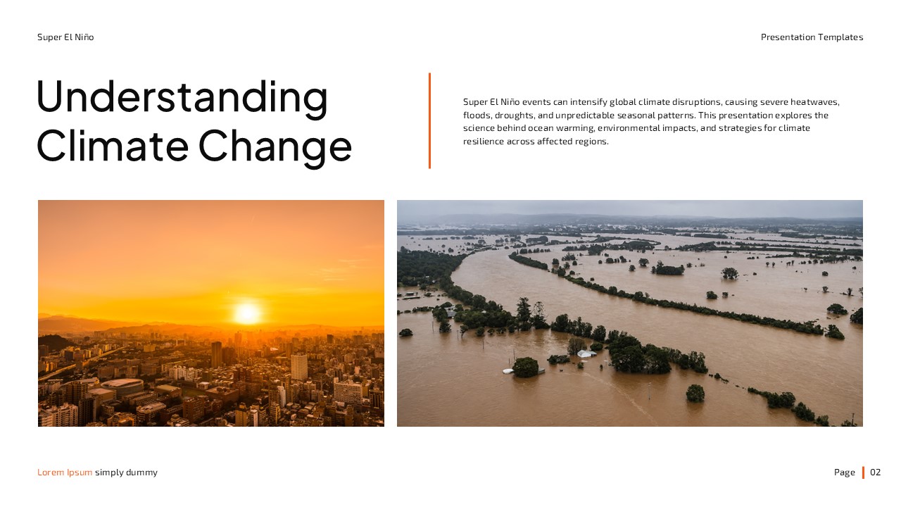 Super El Niño Understanding Climate Change - Orange-tinted cityscape and aerial flooding images frame climate disruption text