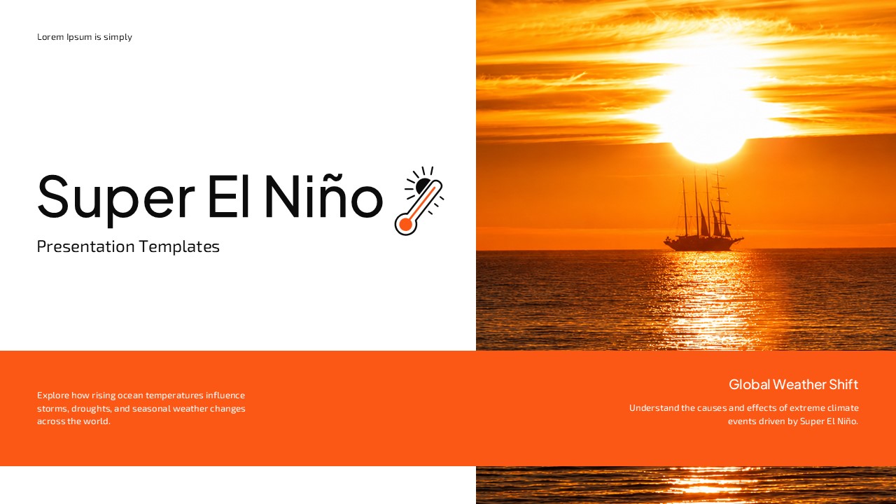 Super El Niño Template - Dramatic ocean sunset with sailing ship silhouette flows into bold climate presentation title