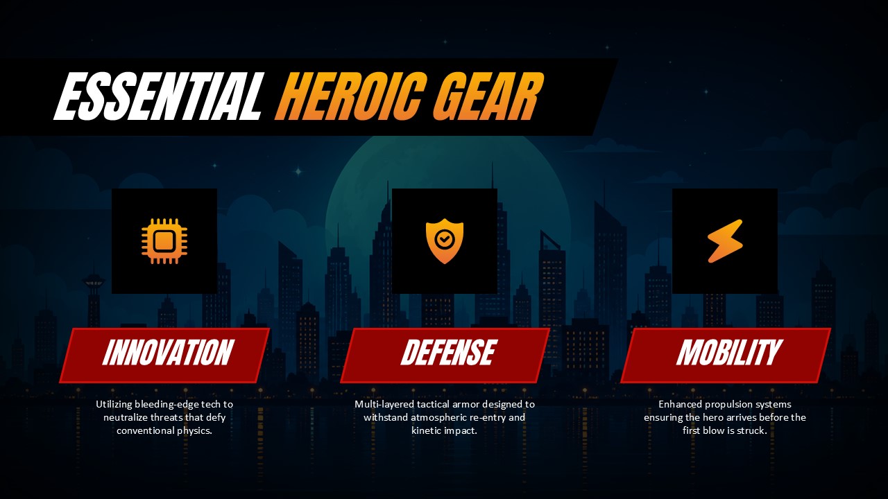 Essential Gear Template - Three columns with innovation, defense, mobility