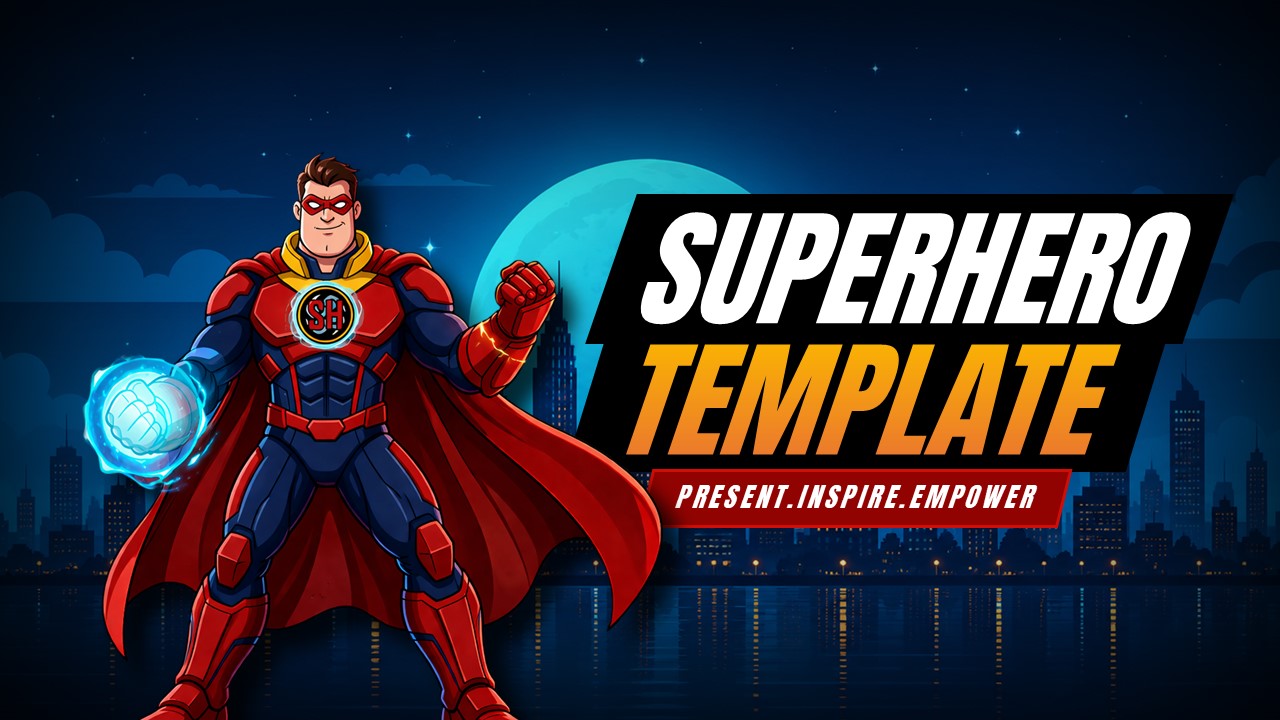 Superhero Template Title Slide - Hero character with city background