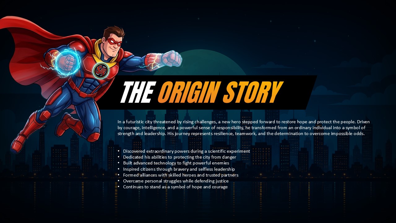 Origin Story Template - Hero transformation narrative with bullet points