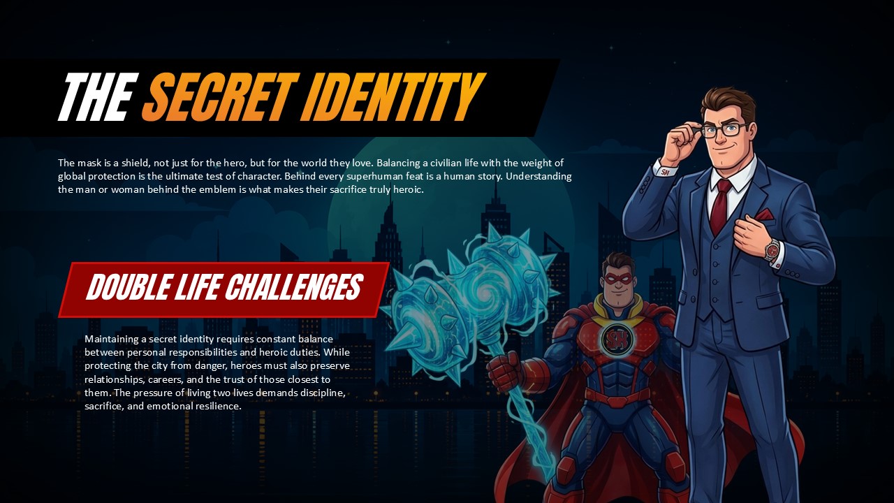 Secret Identity Template - Dual life challenges with character comparison
