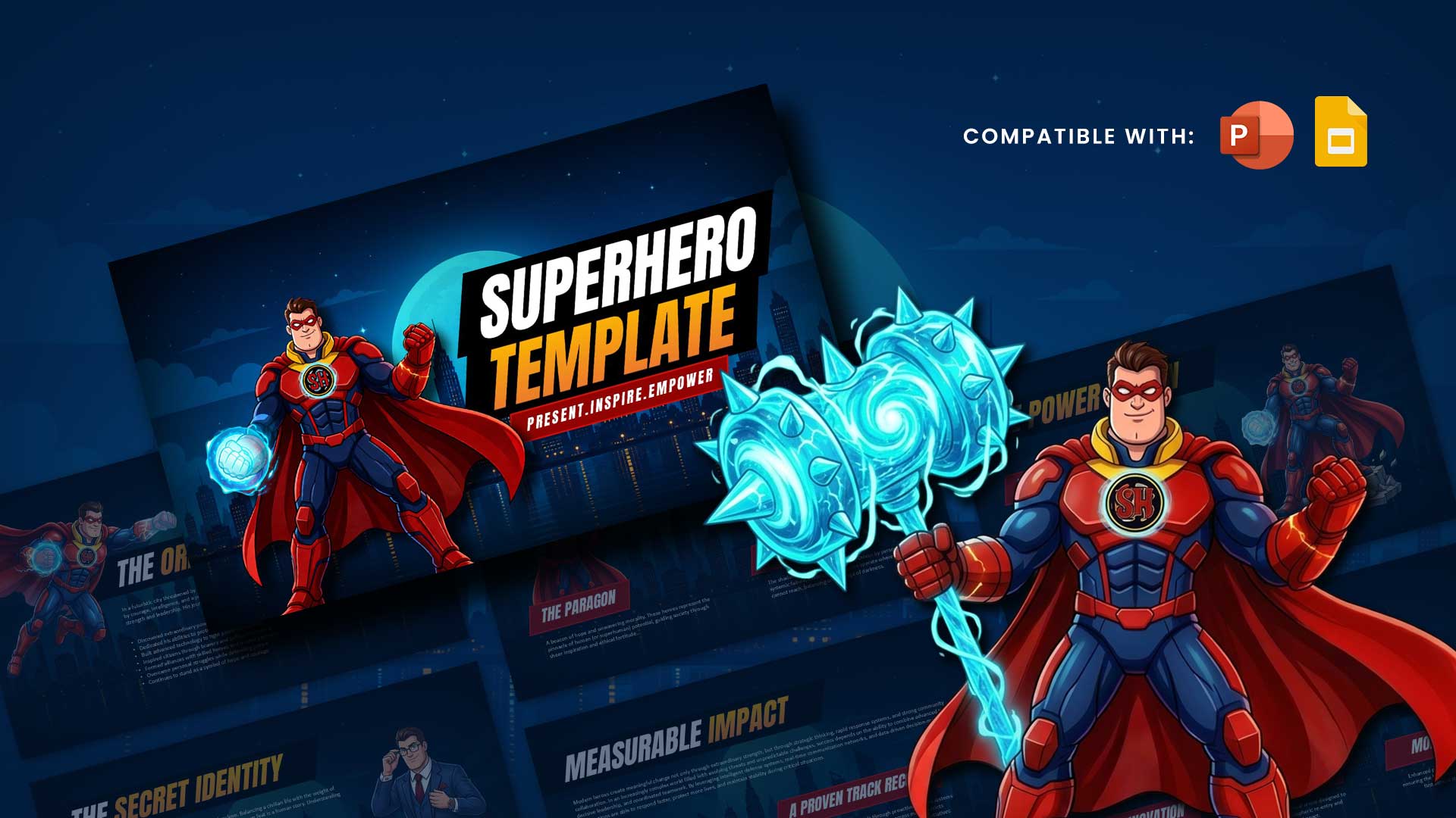 Superhero PowerPoint Template - Dark cityscape with hero characters cover