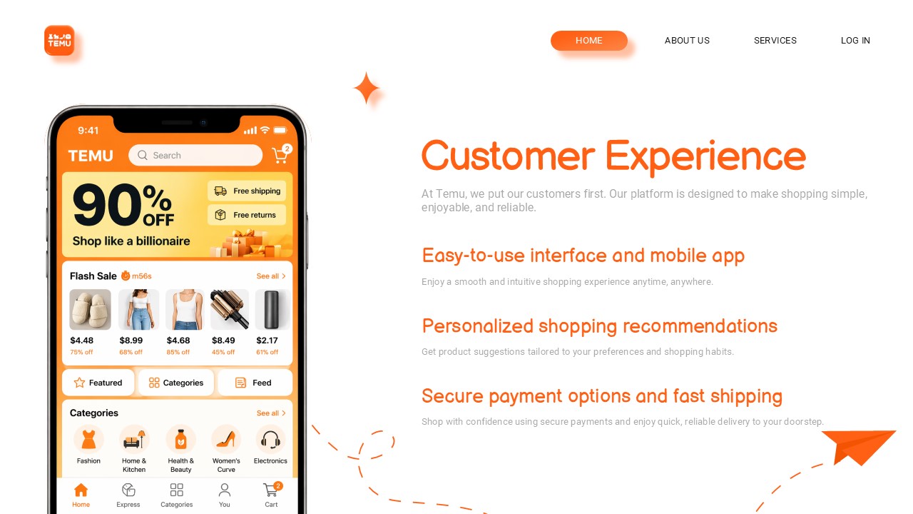 Temu Company Template - Customer experience slide to highlight user benefits and service features
