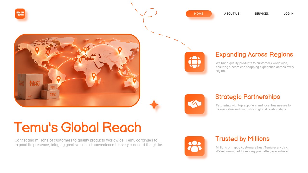 Temu Company Template - Global reach slide to showcase international expansion and worldwide presence