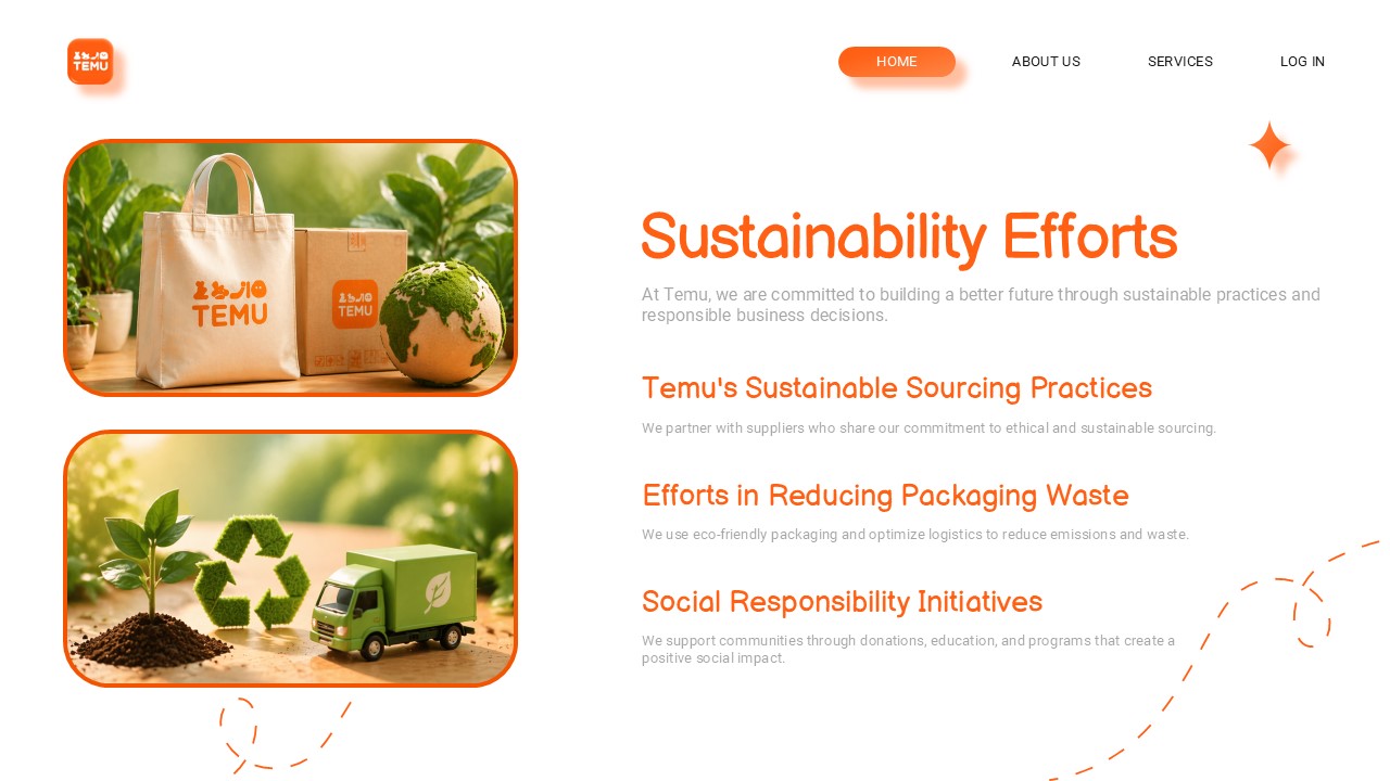 Temu Company Template - Sustainability slide to present environmental initiatives and social responsibility
