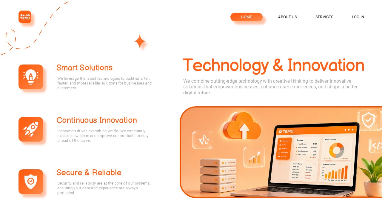 Temu Company Template - Technology slide to present innovation capabilities and technical infrastructure