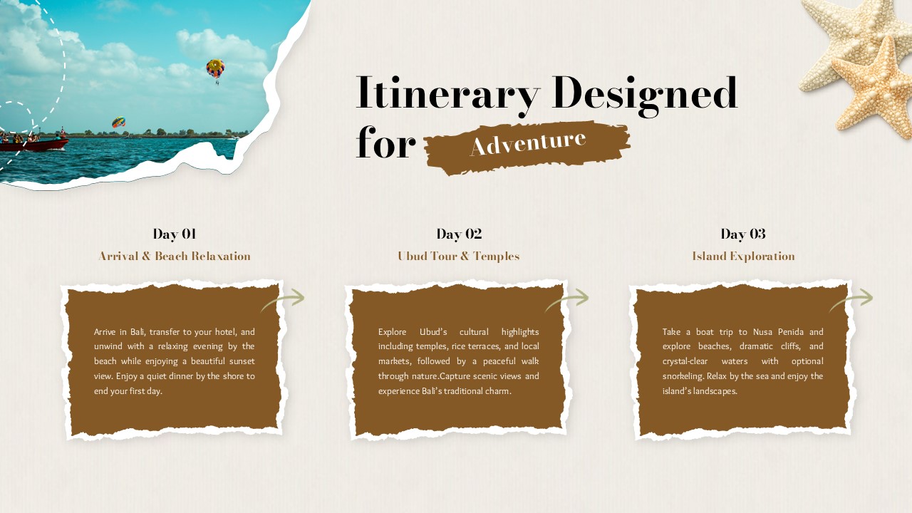 Travel Itinerary Template - days 1-3 adventure schedule