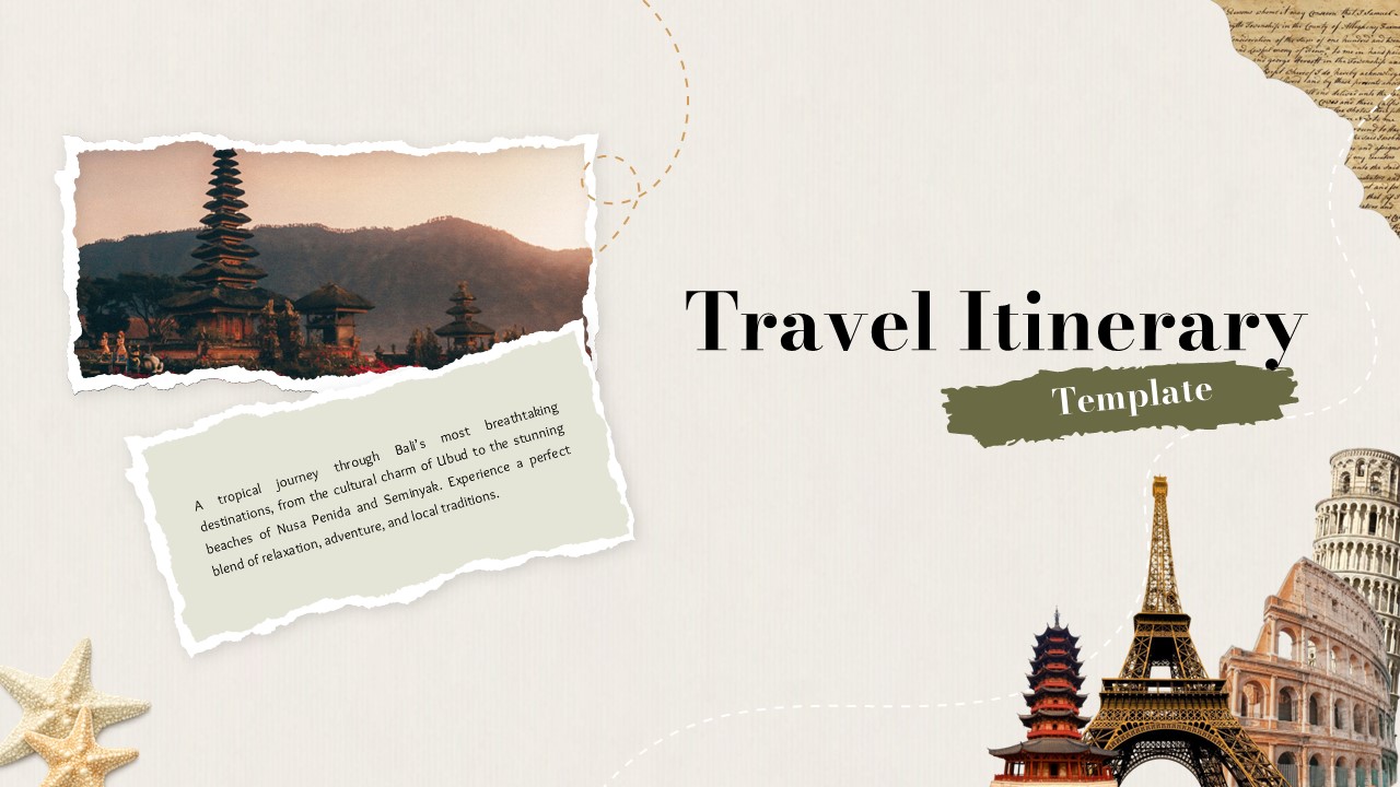 Travel Itinerary Template - title slide with temple landscape