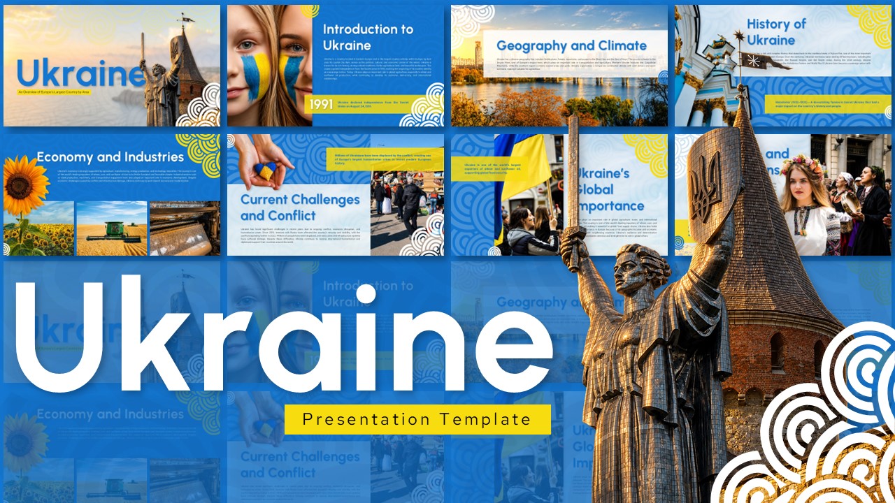 Ukraine Template - Cover slide with preview thumbnails to introduce comprehensive presentation about Ukraine
