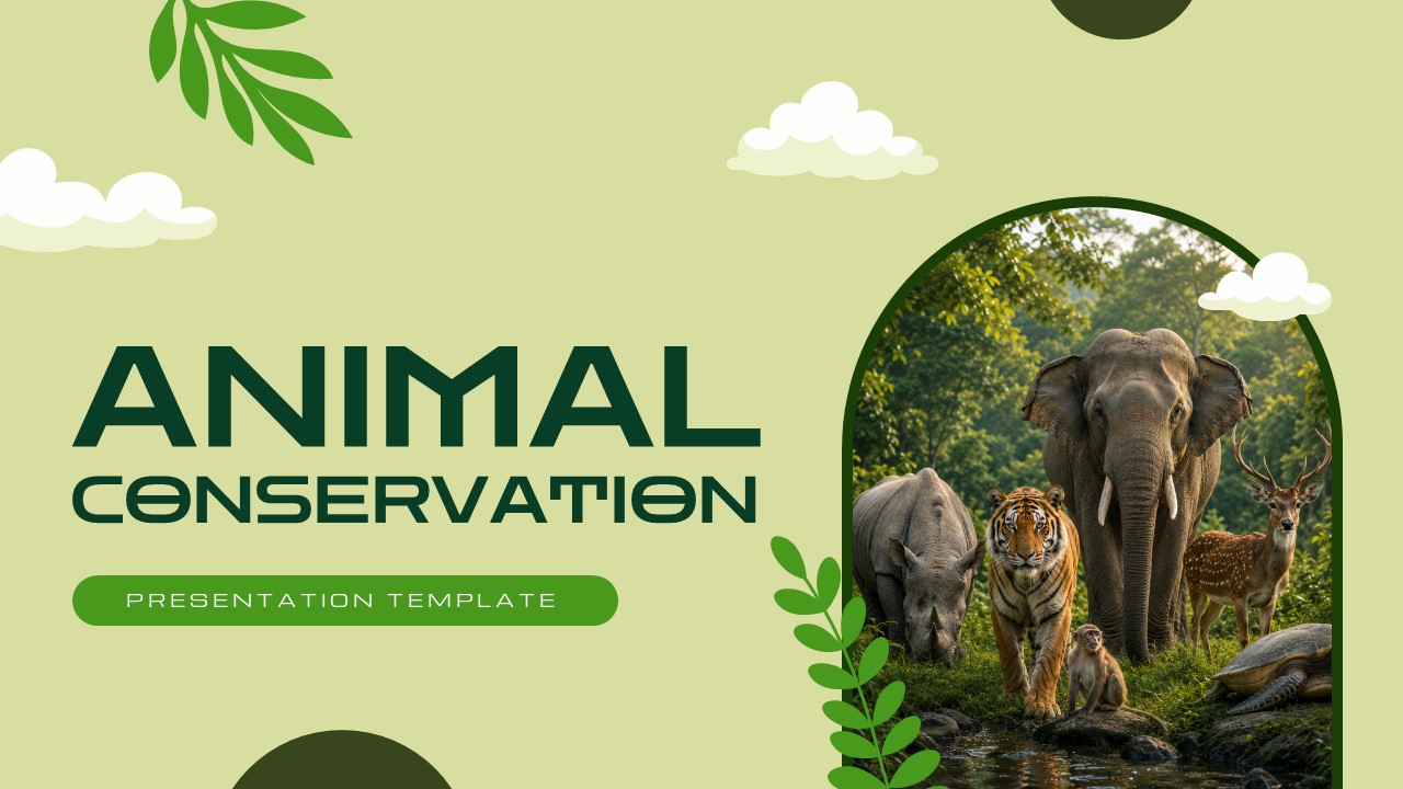 Animal Conservation Template - introduction slide with elephant image, conservation text, three green statistics boxes