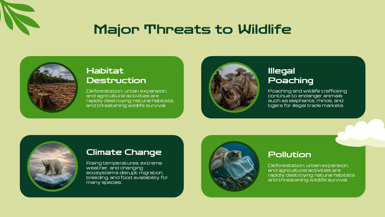 Animal Conservation Template - endangered species slide with five animal cards showing tigers, elephants, sea turtles