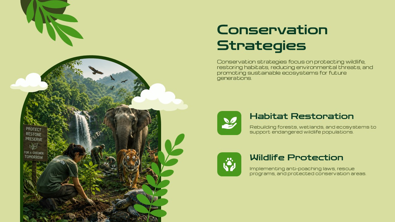 Animal Conservation Template - technology role slide with drone and AI tracking sections, multiple circular images