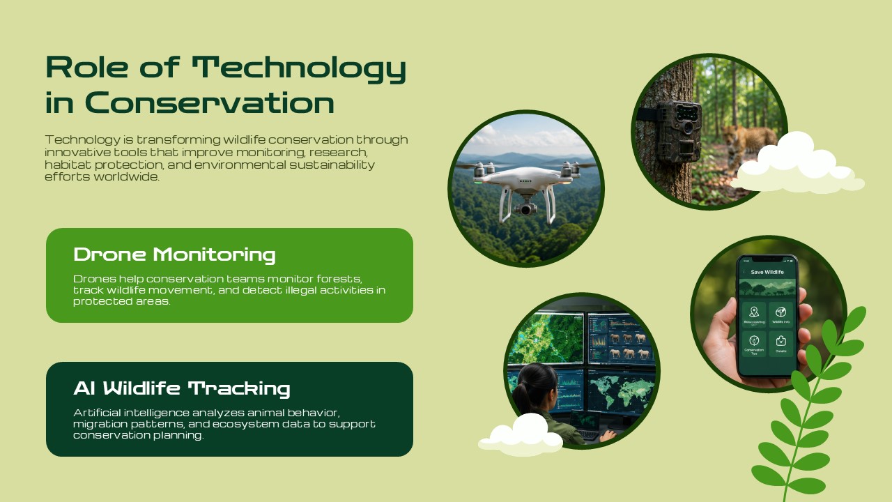 Animal Conservation Template - global organizations slide with WWF, IUCN, WCS in arch-shaped cards with logos