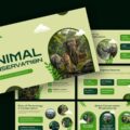 Animal Conservation Template - title slide with sage green background, wildlife imagery in circular frame, cloud decorations
