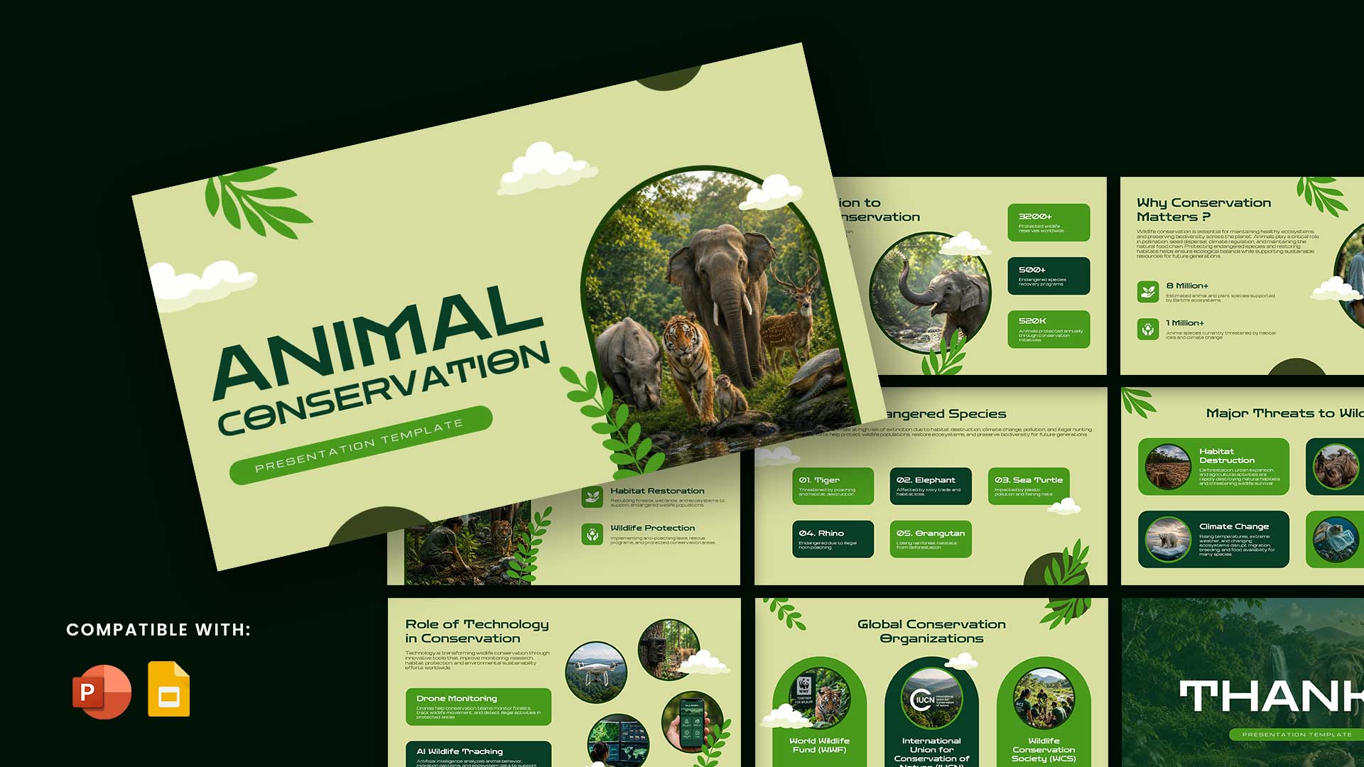 Animal Conservation Template - title slide with sage green background, wildlife imagery in circular frame, cloud decorations