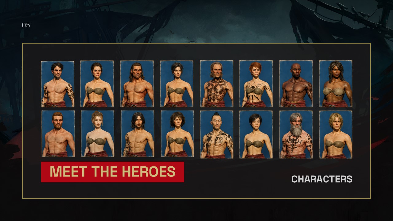 Windrose Game Character Template - Grid layout slide to showcase multiple heroes and character options