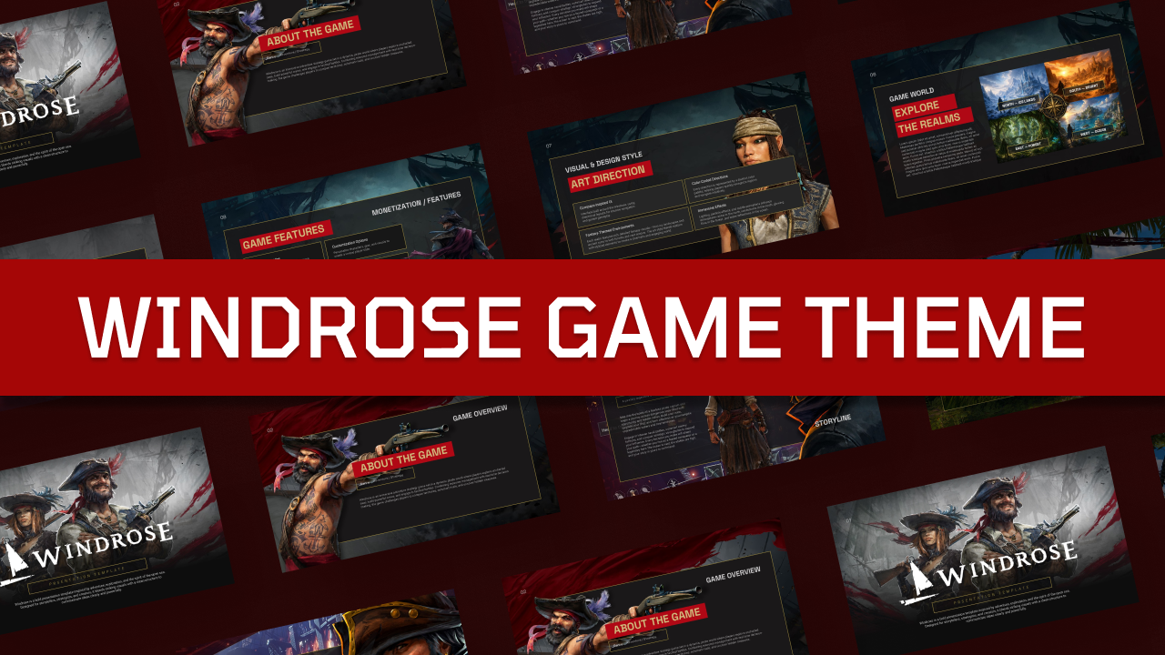 Windrose Game Google Slides Template - Overview showcase displaying multiple adventure-themed presentation slides