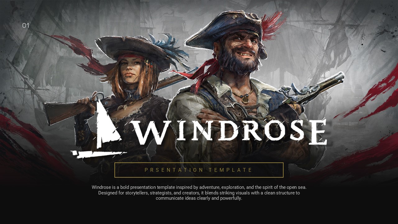 Windrose Game Template - Adventure-themed cover slide with pirate characters for gaming presentations