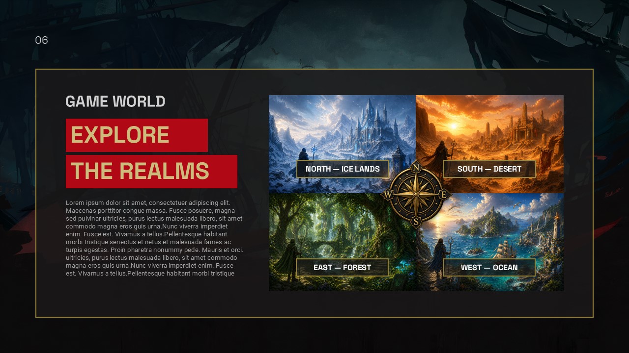 Windrose Game World Template - Exploration slide with compass design to present different realms and environments