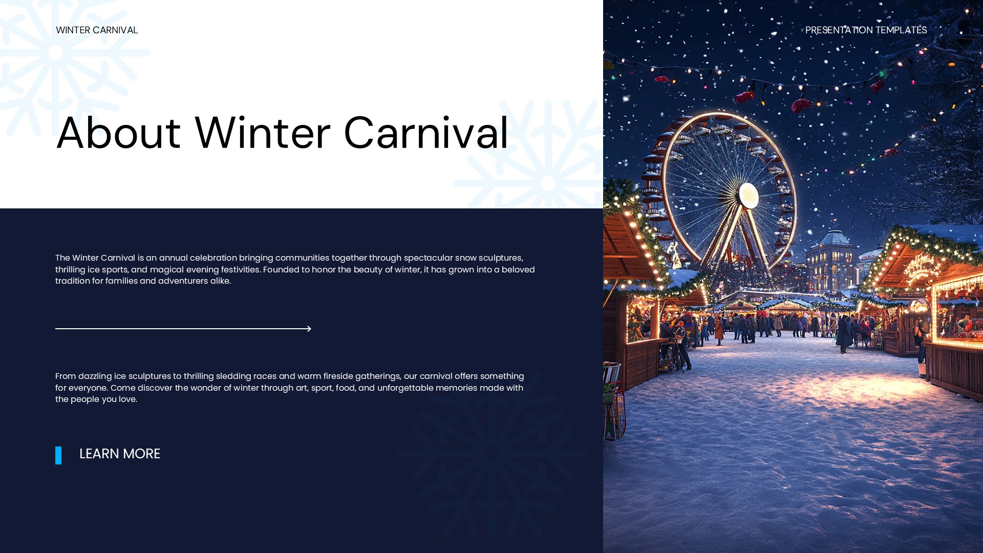 Winter Carnival Template - about section with split layout and carnival image