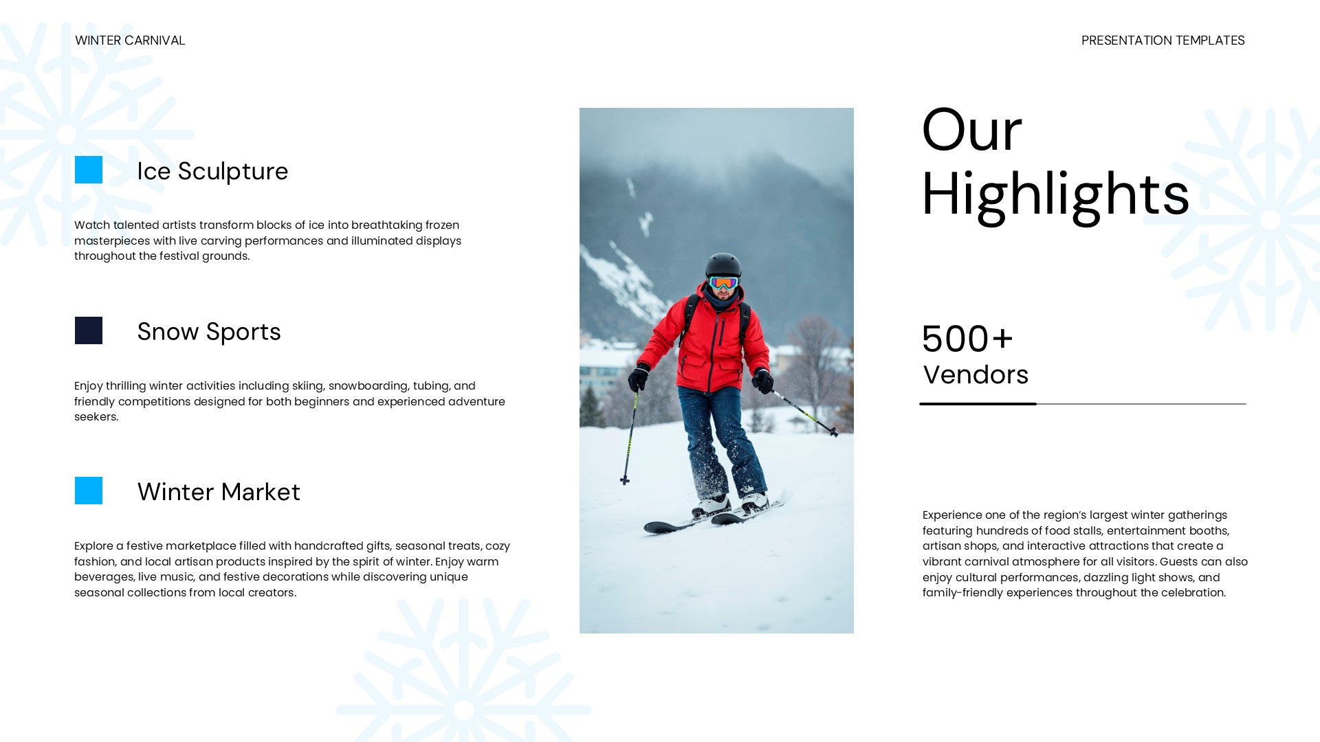 Winter Carnival Template - highlights section showing 500+ vendors statistic