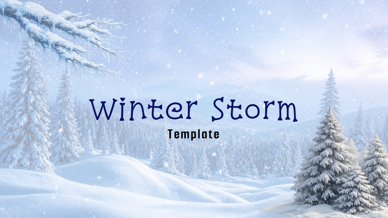 Winter Storm Template - title slide with snowy evergreen trees background