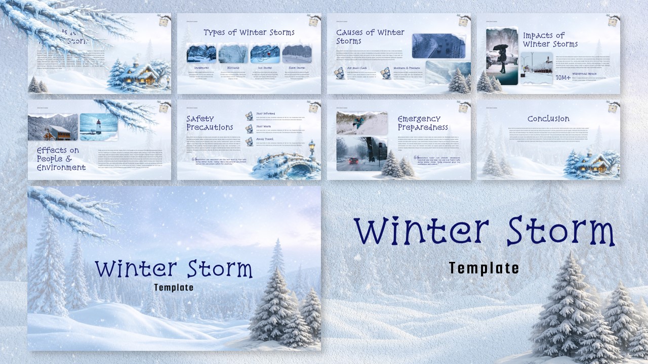 Winter Storm Template - overview with 8 content slides and winter theme