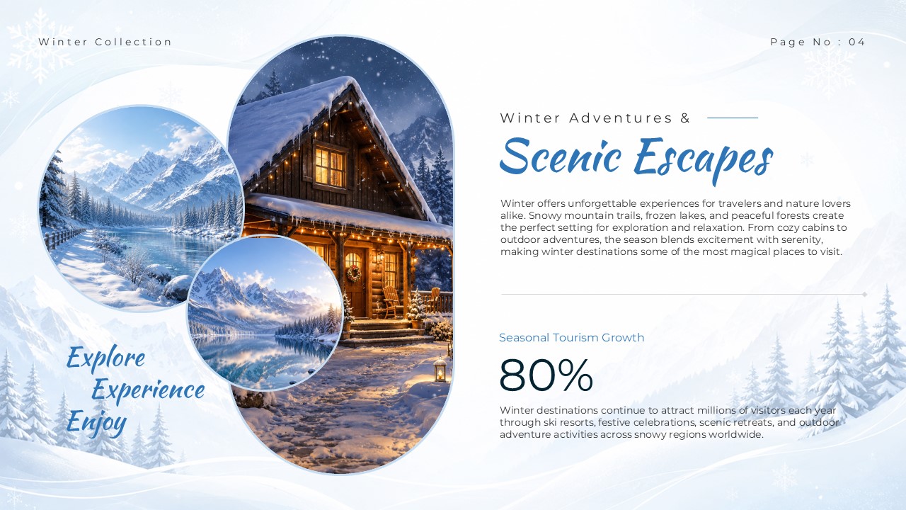 Winter Wonderland Theme Template - Adventures slide with circular mountain images and cabin scenes