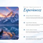 Winter Wonderland Theme Template - Destinations slide with sunrise mountain lake and activity icons