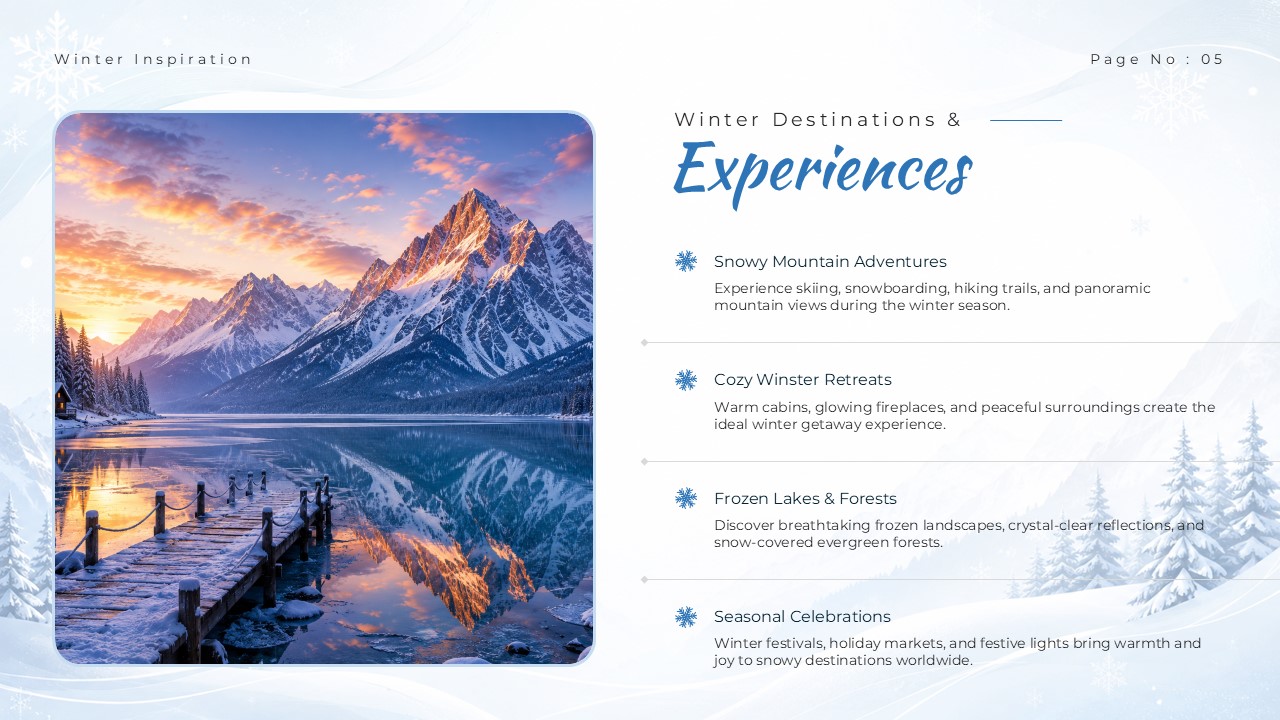 Winter Wonderland Theme Template - Destinations slide with sunrise mountain lake and activity icons