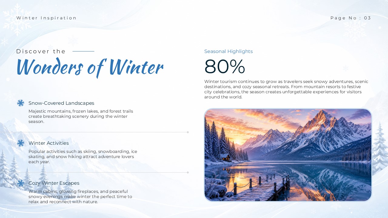 Winter Wonderland Theme Template - Discover Wonders slide with winter activities list and statistics