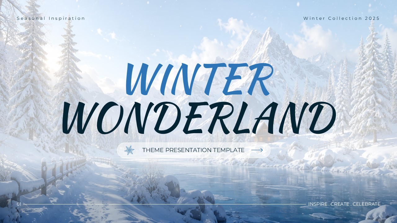 Winter Wonderland Theme Template - Title slide with snowy mountains and 'Winter Wonderland' heading