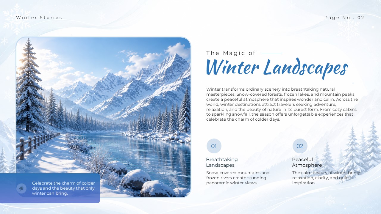 Winter Wonderland Theme Template - Magic of Winter Landscapes slide with mountain bridge content layout