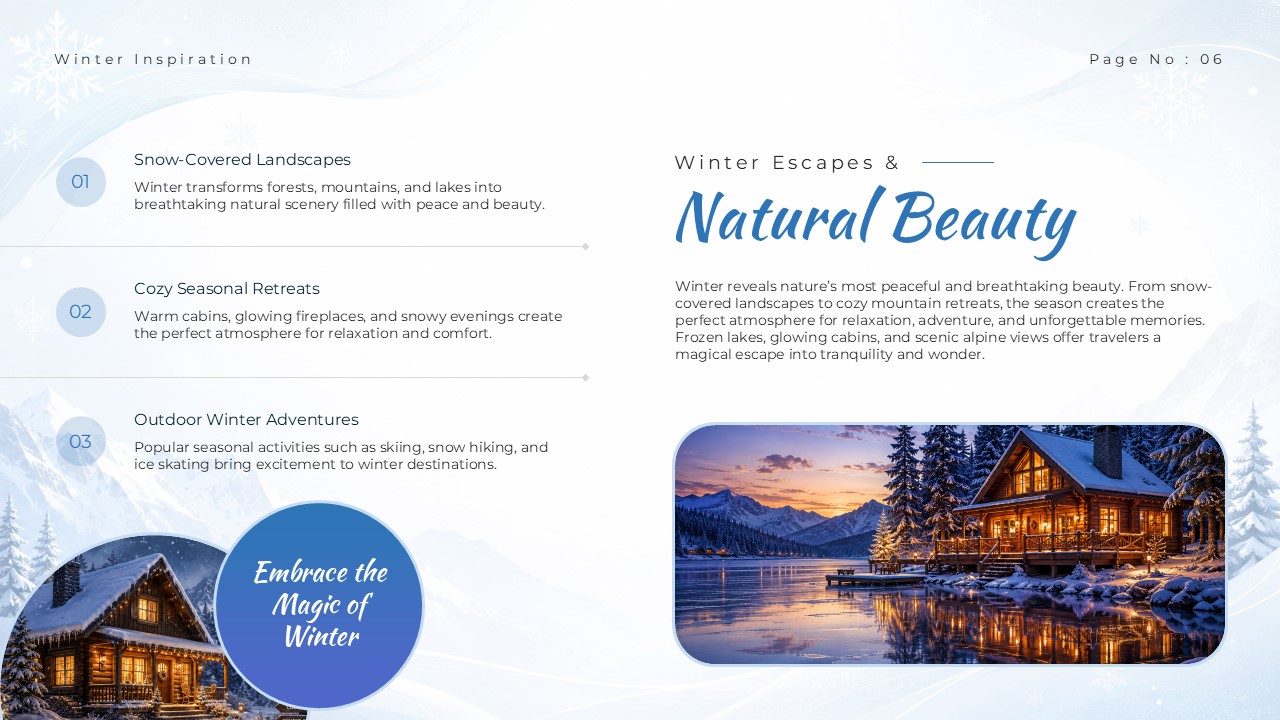 Winter Wonderland Theme Template - Natural beauty slide with numbered list and cozy cabin imagery
