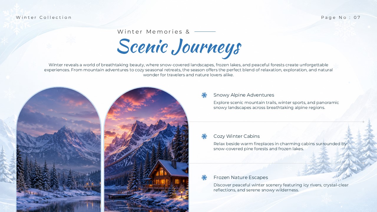 Winter Wonderland Theme Template - Scenic journeys slide with arched mountain and cabin images