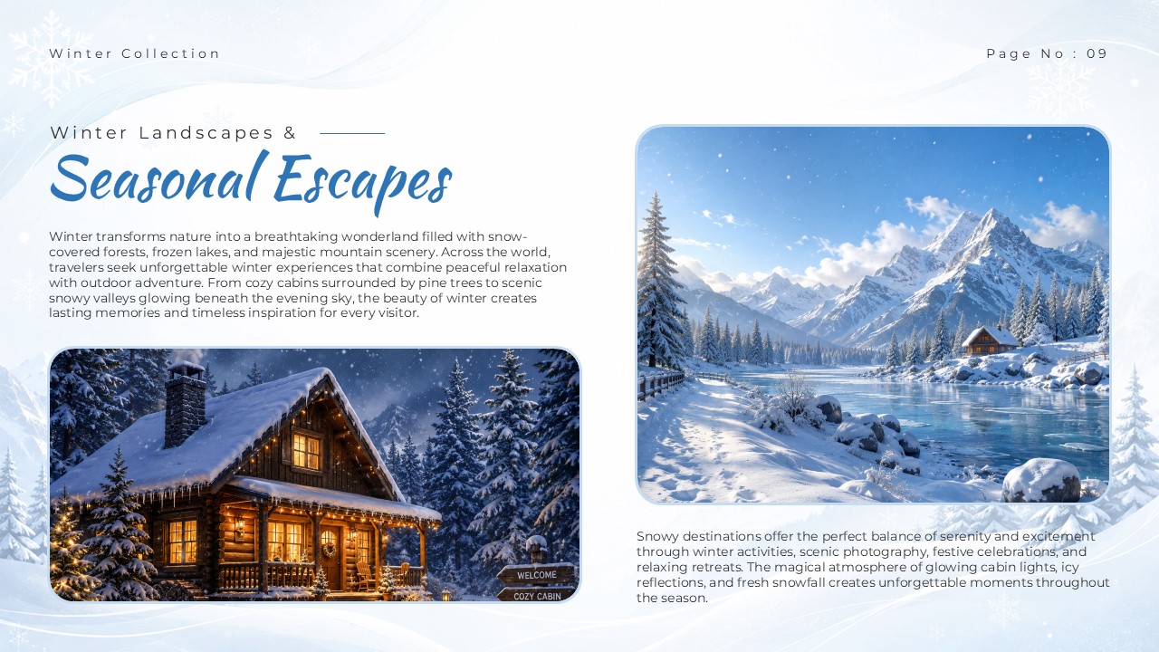Winter Wonderland Theme Template - Seasonal escapes slide with cozy cabin night and day scenes