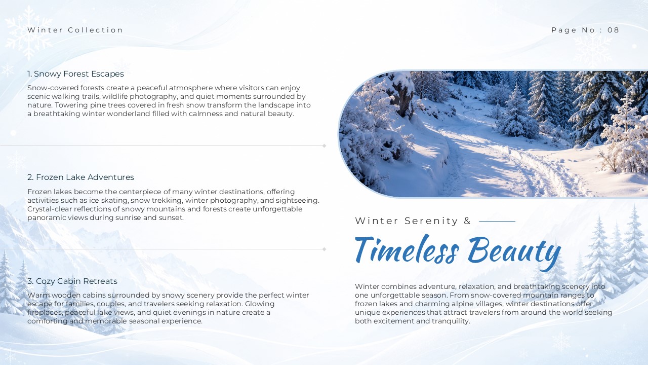 Winter Wonderland Theme Template - Serenity slide with snowy forest path and winter activities list