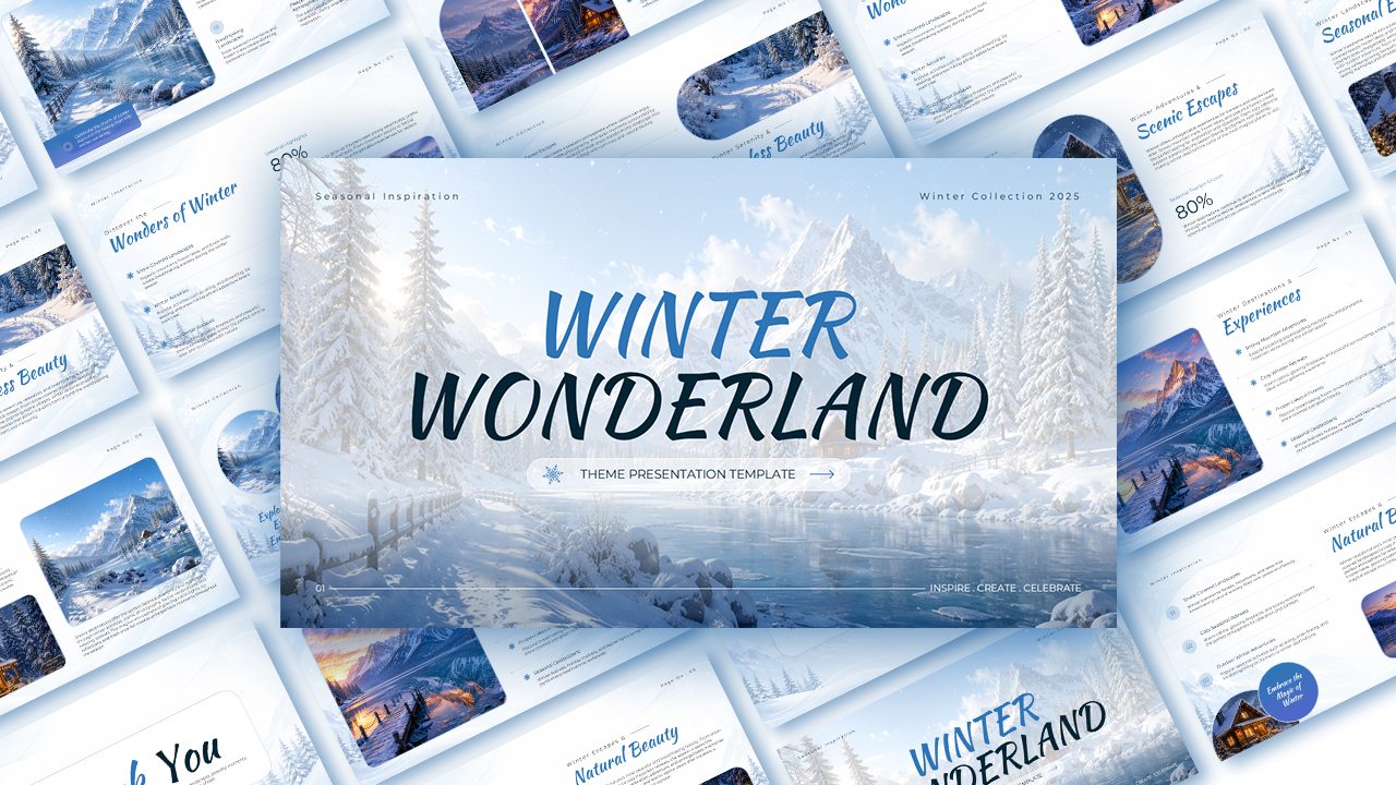Winter Wonderland Theme Template - Complete presentation collection with snow-covered mountain slides