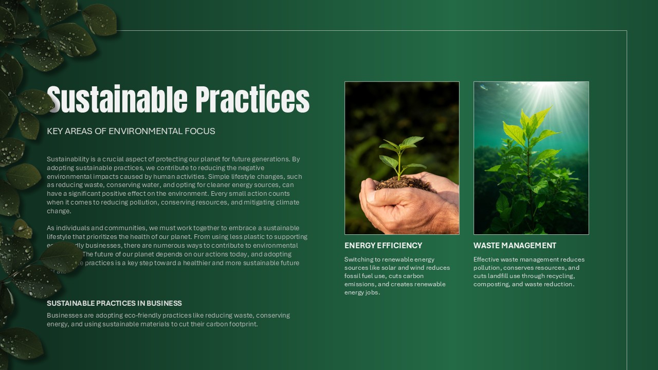 World Environment Day sustainable practices slide to showcase green business initiatives and eco-friendly strategies
