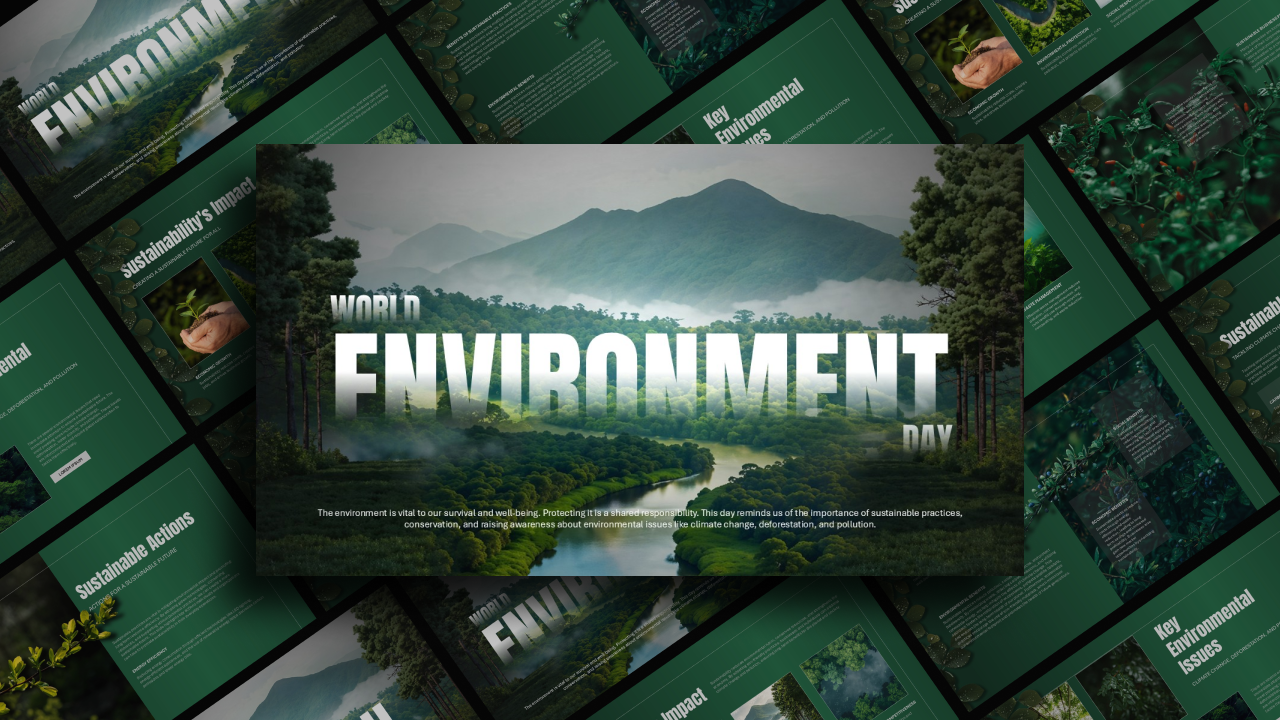 World Environment Day template cover slide with natural landscape to introduce environmental presentations