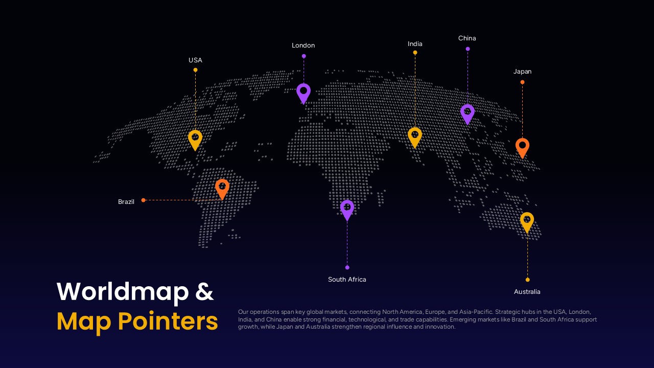 Worldmap & Map Pointers Template - 3D dotted world map with colored location markers on dark background