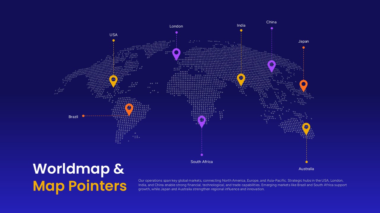 Worldmap & Map Pointers Template - 3D dotted world map with location pins and text block on gradient background